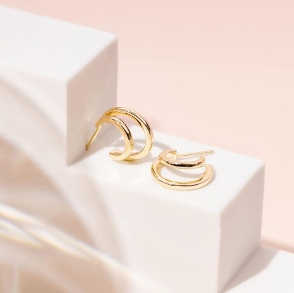 14K Gold Plated Huggie Triple Split Hoop Earrings - Picture 5 of 6